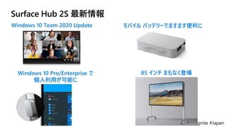 #MSIgnite #Japan
Surface Hub 2S 最新情報
85 インチ まもなく登場
モバイル バッテリーでますます便利に
Windows 10 Pro/Enterprise で
個人利用が可能に
Windows 10 Team 2020 Update
 