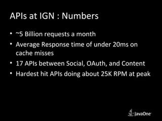 APIs at IGN : Numbers
• ~5 Billion requests a month
• Average Response time of under 20ms on
  cache misses
• 17 APIs between Social, OAuth, and Content
• Hardest hit APIs doing about 25K RPM at peak
 