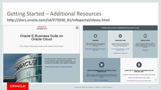 Copyright © 2016, Oracle and/or its affiliates. All rights reserved. | 88
http://docs.oracle.com/cd/E72030_01/infoportal/ebsoc.html
Getting Started – Additional Resources
 