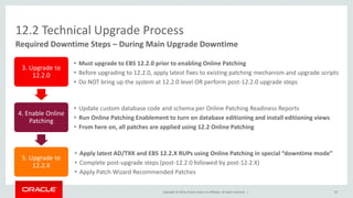 Copyright © 2016, Oracle and/or its affiliates. All rights reserved. | 93
Required Downtime Steps – During Main Upgrade Downtime
12.2 Technical Upgrade Process
• Must upgrade to EBS 12.2.0 prior to enabling Online Patching
• Before upgrading to 12.2.0, apply latest fixes to existing patching mechanism and upgrade scripts
• Do NOT bring up the system at 12.2.0 level OR perform post-12.2.0 upgrade steps
• Update custom database code and schema per Online Patching Readiness Reports
• Run Online Patching Enablement to turn on database editioning and install editioning views
• From here on, all patches are applied using 12.2 Online Patching
• Apply latest AD/TXK and EBS 12.2.X RUPs using Online Patching in special “downtime mode”
• Complete post-upgrade steps (post-12.2.0 followed by post-12.2.X)
• Apply Patch Wizard Recommended Patches
3. Upgrade to
12.2.0
4. Enable Online
Patching
5. Upgrade to
12.2.X
 