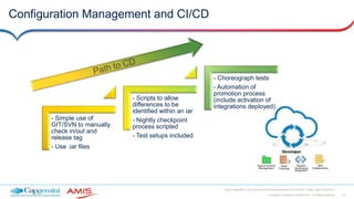 32Copyright © Capgemini & AMIS 2017. All Rights Reserved
Oracle Integration Cloud Service Best Practices learned from the field - Oracle Open World 2017
Configuration Management and CI/CD
- Simple use of
GIT/SVN to manually
check in/out and
release tag
- Use .iar files
- Scripts to allow
differences to be
identified within an iar
- Nightly checkpoint
process scripted
- Test setups included
- Choreograph tests
- Automation of
promotion process
(include activation of
integrations deployed)
 