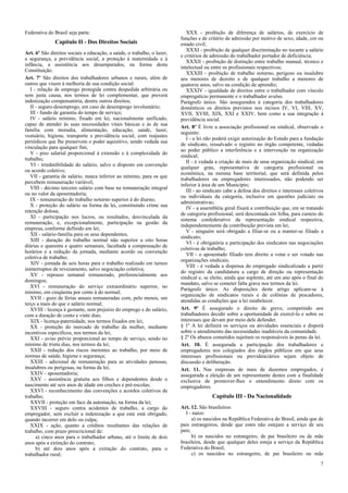 Federativa do Brasil seja parte.                                            XXX - proibição de diferença de salários, de exercício de
                                                                         funções e de critério de admissão por motivo de sexo, idade, cor ou
              Capítulo II - Dos Direitos Sociais                         estado civil;
                                                                            XXXI - proibição de qualquer discriminação no tocante a salário
Art. 6º São direitos sociais a educação, a saúde, o trabalho, o lazer,
                                                                         e critérios de admissão do trabalhador portador de deficiência;
a segurança, a previdência social, a proteção à maternidade e à
                                                                            XXXII - proibição de distinção entre trabalho manual, técnico e
infância, a assistência aos desamparados, na forma desta
                                                                         intelectual ou entre os profissionais respectivos;
Constituição.
                                                                            XXXIII - proibição de trabalho noturno, perigoso ou insalubre
Art. 7º São direitos dos trabalhadores urbanos e rurais, além de         aos menores de dezoito e de qualquer trabalho a menores de
outros que visem à melhoria de sua condição social:                      quatorze anos, salvo na condição de aprendiz;
   I - relação de emprego protegida contra despedida arbitrária ou          XXXIV - igualdade de direitos entre o trabalhador com vínculo
sem justa causa, nos termos de lei complementar, que preverá             empregatício permanente e o trabalhador avulso.
indenização compensatória, dentre outros direitos;                       Parágrafo único. São assegurados à categoria dos trabalhadores
   II - seguro-desemprego, em caso de desemprego involuntário;           domésticos os direitos previstos nos incisos IV, VI, VIII, XV,
   III - fundo de garantia do tempo de serviço;                          XVII, XVIII, XIX, XXI e XXIV, bem como a sua integração à
   IV - salário mínimo, fixado em lei, nacionalmente unificado,          previdência social.
capaz de atender às suas necessidades vitais básicas e às de sua
                                                                         Art. 8º É livre a associação profissional ou sindical, observado o
família com moradia, alimentação, educação, saúde, lazer,
                                                                         seguinte:
vestuário, higiene, transporte e previdência social, com reajustes
                                                                            I - a lei não poderá exigir autorização do Estado para a fundação
periódicos que lhe preservem o poder aquisitivo, sendo vedada sua
                                                                         de sindicato, ressalvado o registro no órgão competente, vedadas
vinculação para qualquer fim;
                                                                         ao poder público a interferência e a intervenção na organização
   V - piso salarial proporcional à extensão e à complexidade do
                                                                         sindical;
trabalho;
                                                                            II - é vedada a criação de mais de uma organização sindical, em
   VI - irredutibilidade do salário, salvo o disposto em convenção
                                                                         qualquer grau, representativa de categoria profissional ou
ou acordo coletivo;
                                                                         econômica, na mesma base territorial, que será definida pelos
   VII - garantia de salário, nunca inferior ao mínimo, para os que
                                                                         trabalhadores ou empregadores interessados, não podendo ser
percebem remuneração variável;
                                                                         inferior à área de um Município;
   VIII - décimo terceiro salário com base na remuneração integral
                                                                            III - ao sindicato cabe a defesa dos direitos e interesses coletivos
ou no valor da aposentadoria;
                                                                         ou individuais da categoria, inclusive em questões judiciais ou
   IX - remuneração do trabalho noturno superior à do diurno;
                                                                         administrativas;
   X - proteção do salário na forma da lei, constituindo crime sua
                                                                            IV - a assembléia geral fixará a contribuição que, em se tratando
retenção dolosa;
                                                                         de categoria profissional, será descontada em folha, para custeio do
   XI - participação nos lucros, ou resultados, desvinculada da
                                                                         sistema confederativo da representação sindical respectiva,
remuneração, e, excepcionalmente, participação na gestão da
                                                                         independentemente da contribuição prevista em lei;
empresa, conforme definido em lei;
                                                                            V - ninguém será obrigado a filiar-se ou a manter-se filiado a
   XII - salário-família para os seus dependentes;
                                                                         sindicato;
   XIII - duração do trabalho normal não superior a oito horas
                                                                            VI - é obrigatória a participação dos sindicatos nas negociações
diárias e quarenta e quatro semanais, facultada a compensação de
                                                                         coletivas de trabalho;
horários e a redução da jornada, mediante acordo ou convenção
                                                                            VII - o aposentado filiado tem direito a votar e ser votado nas
coletiva de trabalho;
                                                                         organizações sindicais;
   XIV - jornada de seis horas para o trabalho realizado em turnos
                                                                            VIII - é vedada a dispensa do empregado sindicalizado a partir
ininterruptos de revezamento, salvo negociação coletiva;
                                                                         do registro da candidatura a cargo de direção ou representação
   XV - repouso semanal remunerado, preferencialmente aos
                                                                         sindical e, se eleito, ainda que suplente, até um ano após o final do
domingos;
                                                                         mandato, salvo se cometer falta grave nos termos da lei.
   XVI - remuneração do serviço extraordinário superior, no
                                                                         Parágrafo único. As disposições deste artigo aplicam-se à
mínimo, em cinqüenta por cento à do normal;
                                                                         organização de sindicatos rurais e de colônias de pescadores,
   XVII - gozo de férias anuais remuneradas com, pelo menos, um
                                                                         atendidas as condições que a lei estabelecer.
terço a mais do que o salário normal;
   XVIII - licença à gestante, sem prejuízo do emprego e do salário,     Art. 9º É assegurado o direito de greve, competindo aos
com a duração de cento e vinte dias;                                     trabalhadores decidir sobre a oportunidade de exercê-lo e sobre os
   XIX - licença-paternidade, nos termos fixados em lei;                 interesses que devam por meio dele defender.
   XX - proteção do mercado de trabalho da mulher, mediante              § 1º A lei definirá os serviços ou atividades essenciais e disporá
incentivos específicos, nos termos da lei;                               sobre o atendimento das necessidades inadiáveis da comunidade.
   XXI - aviso prévio proporcional ao tempo de serviço, sendo no         § 2º Os abusos cometidos sujeitam os responsáveis às penas da lei.
mínimo de trinta dias, nos termos da lei;                                Art. 10. É assegurada a participação dos trabalhadores e
   XXII - redução dos riscos inerentes ao trabalho, por meio de          empregadores nos colegiados dos órgãos públicos em que seus
normas de saúde, higiene e segurança;                                    interesses profissionais ou previdenciários sejam objeto de
   XXIII - adicional de remuneração para as atividades penosas,          discussão e deliberação.
insalubres ou perigosas, na forma da lei;                                Art. 11. Nas empresas de mais de duzentos empregados, é
   XXIV - aposentadoria;                                                 assegurada a eleição de um representante destes com a finalidade
   XXV - assistência gratuita aos filhos e dependentes desde o           exclusiva de promover-lhes o entendimento direto com os
nascimento até seis anos de idade em creches e pré-escolas;              empregadores.
   XXVI - reconhecimento das convenções e acordos coletivos de
trabalho;                                                                               Capítulo III - Da Nacionalidade
   XXVII - proteção em face da automação, na forma da lei;
   XXVIII - seguro contra acidentes de trabalho, a cargo do              Art. 12. São brasileiros:
empregador, sem excluir a indenização a que este está obrigado,            I - natos:
quando incorrer em dolo ou culpa;                                              a) os nascidos na República Federativa do Brasil, ainda que de
   XXIX - ação, quanto a créditos resultantes das relações de            pais estrangeiros, desde que estes não estejam a serviço de seu
trabalho, com prazo prescricional de:                                    país;
      a) cinco anos para o trabalhador urbano, até o limite de dois            b) os nascidos no estrangeiro, de pai brasileiro ou de mãe
anos após a extinção do contrato;                                        brasileira, desde que qualquer deles esteja a serviço da República
      b) até dois anos após a extinção do contrato, para o               Federativa do Brasil;
trabalhador rural;                                                             c) os nascidos no estrangeiro, de pai brasileiro ou mãe
                                                                                                                                              7
 