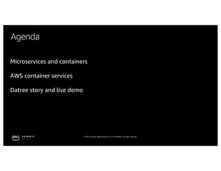 © 2019, Amazon Web Services, Inc. or its affiliates. All rights reserved.
Agenda
Microservices and containers
AWS container services
Datree story and live demo
 