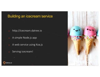 © 2018, Amazon Web Services, Inc. or its affiliates. All rights reserved.
www.datree.io www.datree.io
Building an icecream service
● http://icecream.datree.io
● A simple Node.js app
● A web service using Koa.js
● Serving icecream!
38
 