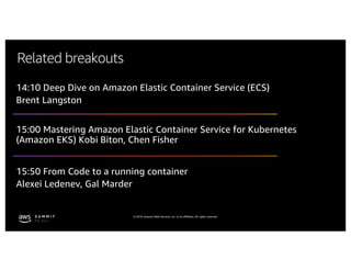 © 2019, Amazon Web Services, Inc. or its affiliates. All rights reserved.
Related breakouts
14:10 Deep Dive on Amazon Elastic Container Service (ECS)
Brent Langston
15:00 Mastering Amazon Elastic Container Service for Kubernetes
(Amazon EKS) Kobi Biton, Chen Fisher
15:50 From Code to a running container
Alexei Ledenev, Gal Marder
 