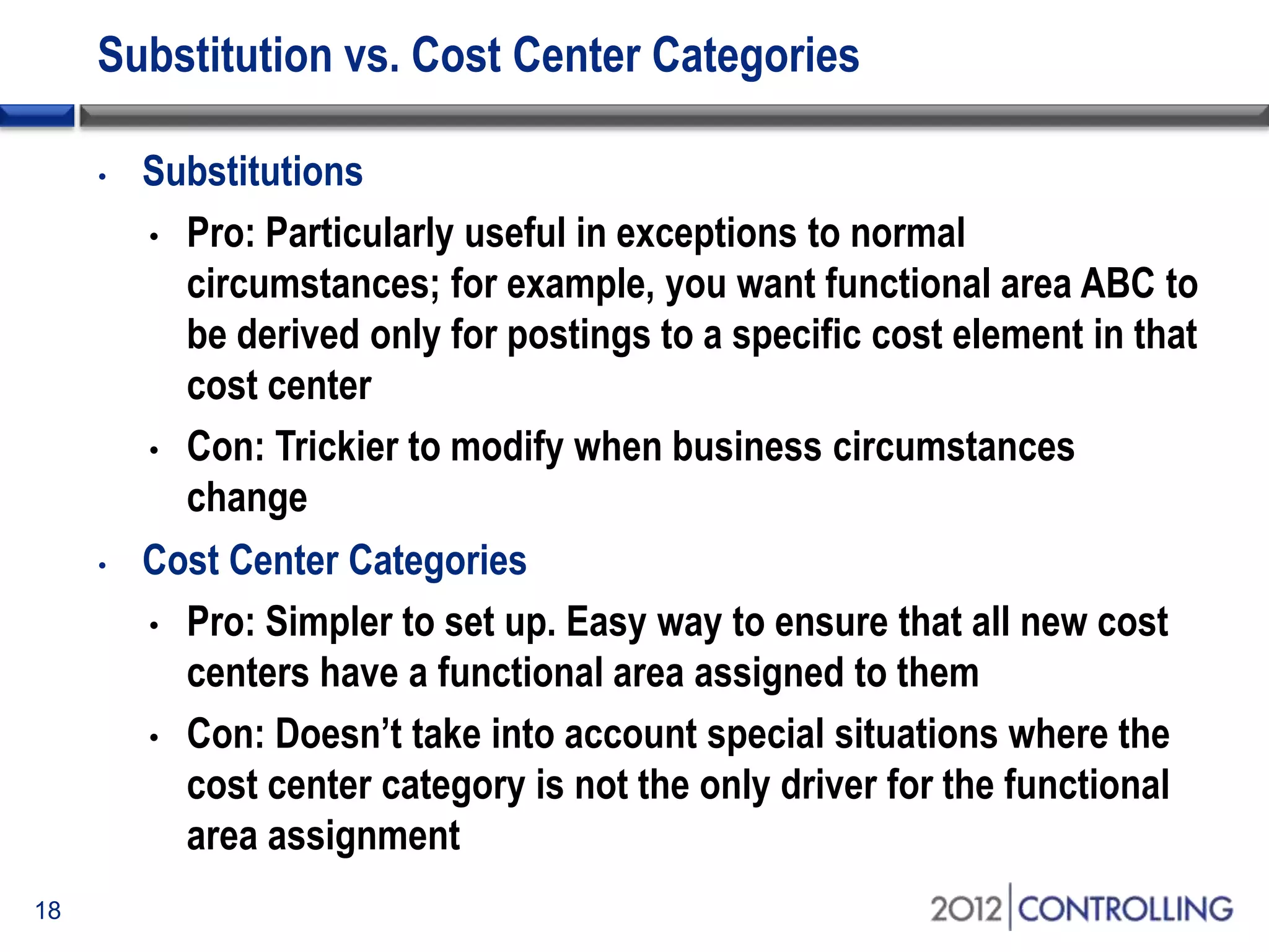Substitution vs. Cost Center Categories
• Substitutions
• Pro: Particularly useful in exceptions to normal
circumstances; for example, you want functional area ABC to
be derived only for postings to a specific cost element in that
cost center
• Con: Trickier to modify when business circumstances
change
• Cost Center Categories
• Pro: Simpler to set up. Easy way to ensure that all new cost
centers have a functional area assigned to them
• Con: Doesn’t take into account special situations where the
cost center category is not the only driver for the functional
area assignment
18
 