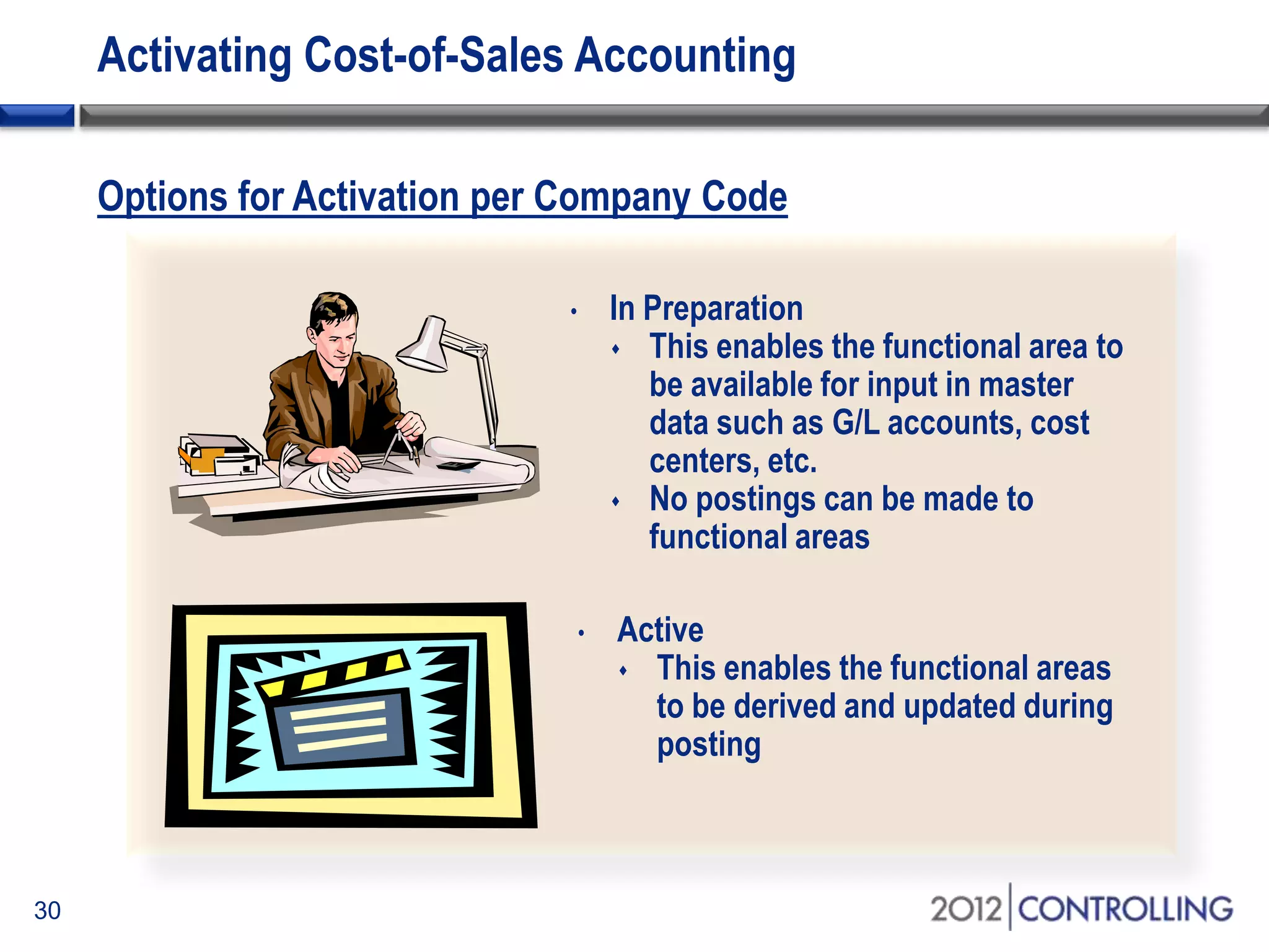 Activating Cost-of-Sales Accounting
30
• In Preparation
 This enables the functional area to
be available for input in master
data such as G/L accounts, cost
centers, etc.
 No postings can be made to
functional areas
• Active
 This enables the functional areas
to be derived and updated during
posting
Options for Activation per Company Code
 