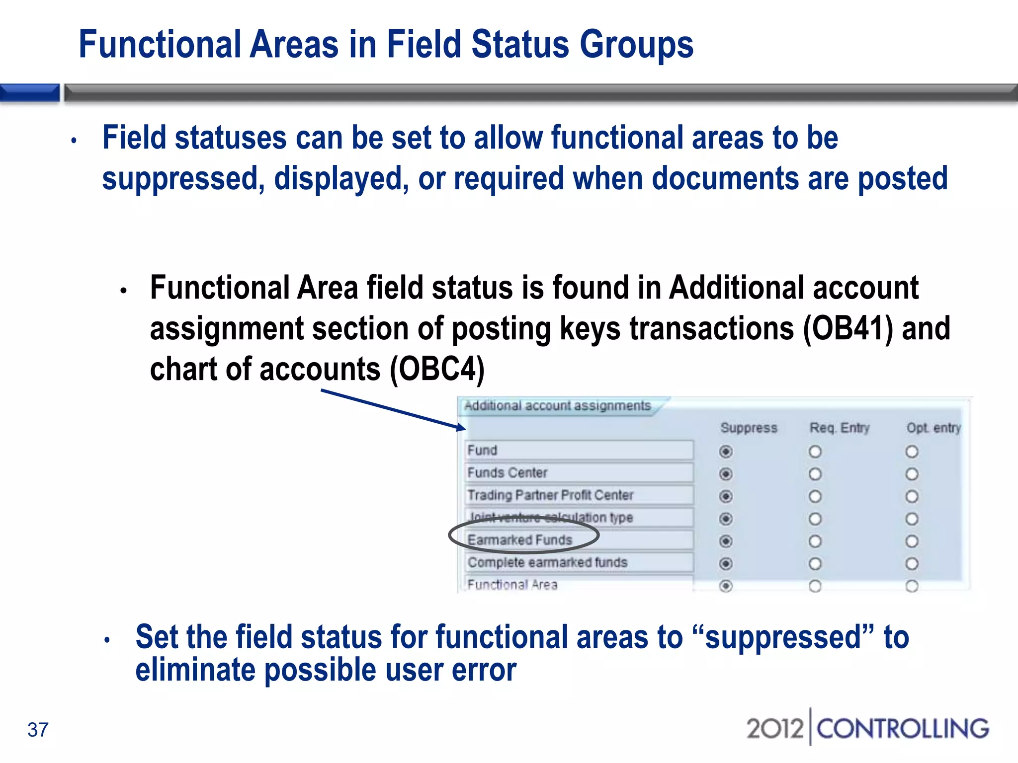 Functional Areas in Field Status Groups
37
• Functional Area field status is found in Additional account
assignment section of posting keys transactions (OB41) and
chart of accounts (OBC4)
• Field statuses can be set to allow functional areas to be
suppressed, displayed, or required when documents are posted
• Set the field status for functional areas to “suppressed” to
eliminate possible user error
 