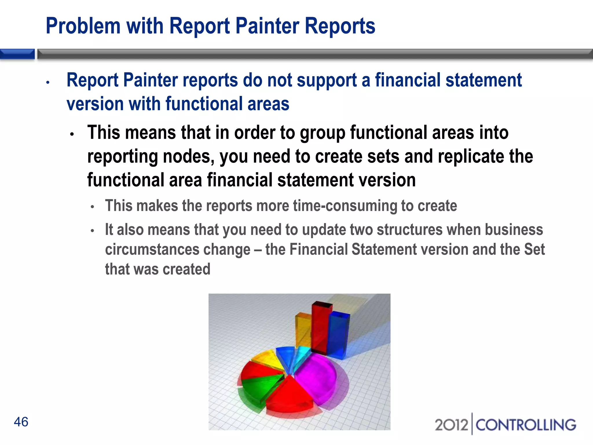 46
Problem with Report Painter Reports
• Report Painter reports do not support a financial statement
version with functional areas
• This means that in order to group functional areas into
reporting nodes, you need to create sets and replicate the
functional area financial statement version
• This makes the reports more time-consuming to create
• It also means that you need to update two structures when business
circumstances change – the Financial Statement version and the Set
that was created
 