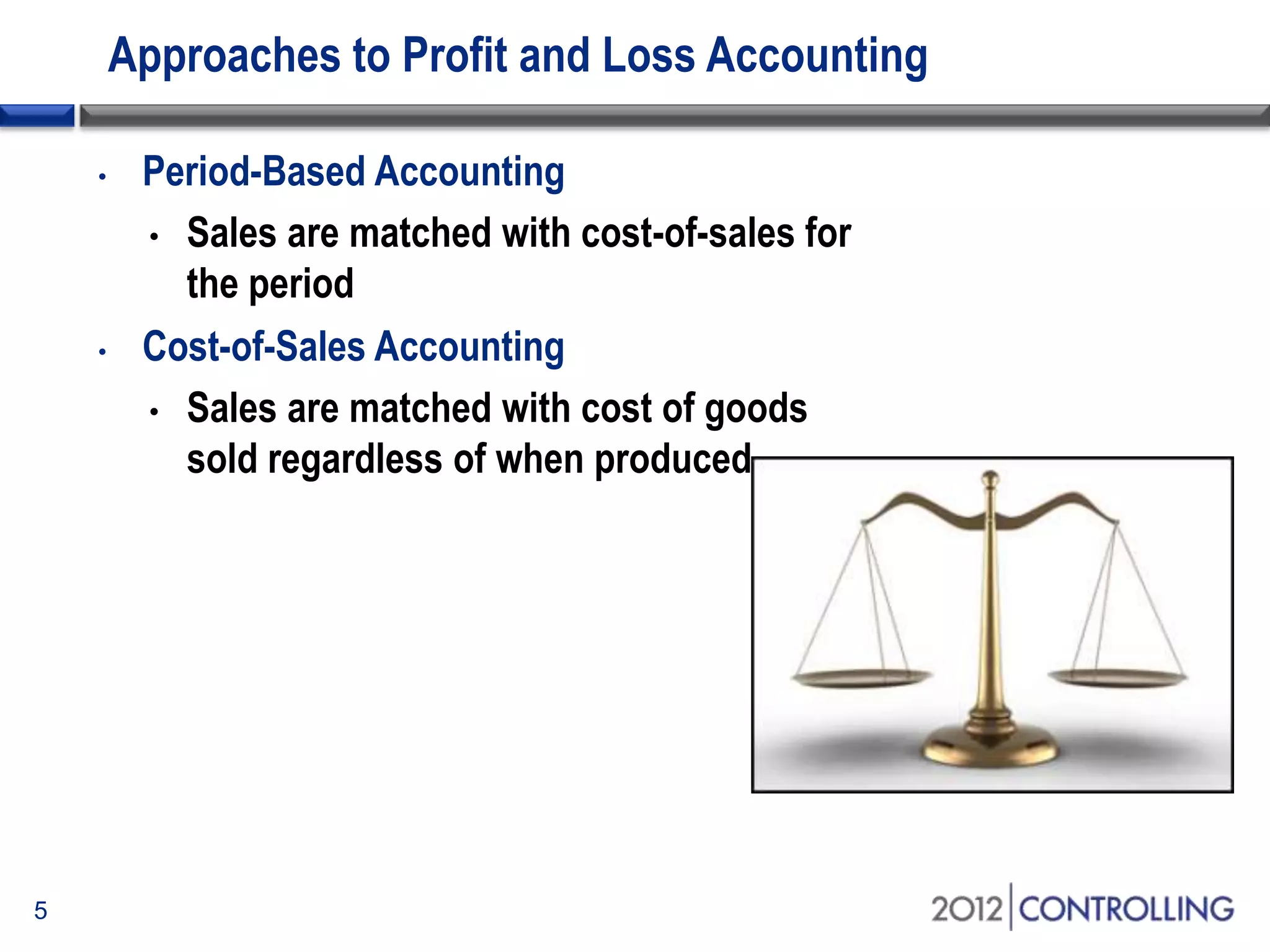 Approaches to Profit and Loss Accounting
• Period-Based Accounting
• Sales are matched with cost-of-sales for
the period
• Cost-of-Sales Accounting
• Sales are matched with cost of goods
sold regardless of when produced
5
 