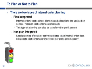 To Plan or Not to Plan
12
• There are two types of internal order planning
• Plan integrated
• Internal order / cost element planning and allocations are updated on
sender / receiver cost centers automatically
• This type of planning can also be transferred to profit centers
• Non plan integrated
• Local planning of costs or activities related to an internal order does
not update cost center and/or profit center plans automatically
 