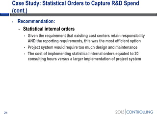 Case Study: Statistical Orders to Capture R&D Spend
(cont.)
• Recommendation:
• Statistical internal orders
• Given the requirement that existing cost centers retain responsibility
AND the reporting requirements, this was the most efficient option
• Project system would require too much design and maintenance
• The cost of implementing statistical internal orders equated to 20
consulting hours versus a larger implementation of project system
21
 
