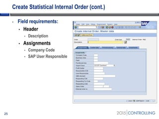 Create Statistical Internal Order (cont.)
25
• Field requirements:
• Header
• Description
• Assignments
• Company Code
• SAP User Responsible
 