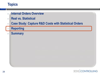 Topics
• Internal Orders Overview
• Real vs. Statistical
• Case Study: Capture R&D Costs with Statistical Orders
• Reporting
• Summary
28
Start of second section:
List the main points in your presentation and insert
this slide at the start of each new topic. Move the
highlighted box down for each new section. This
divides your presentation into easy to follow
sections.
 