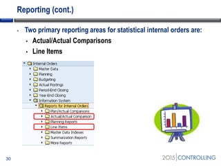 Reporting (cont.)
• Two primary reporting areas for statistical internal orders are:
• Actual/Actual Comparisons
• Line Items
30
 
