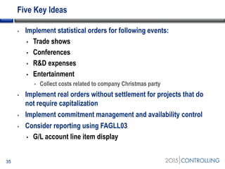 Five Key Ideas
• Implement statistical orders for following events:
• Trade shows
• Conferences
• R&D expenses
• Entertainment
• Collect costs related to company Christmas party
• Implement real orders without settlement for projects that do
not require capitalization
• Implement commitment management and availability control
• Consider reporting using FAGLL03
• G/L account line item display
35
 