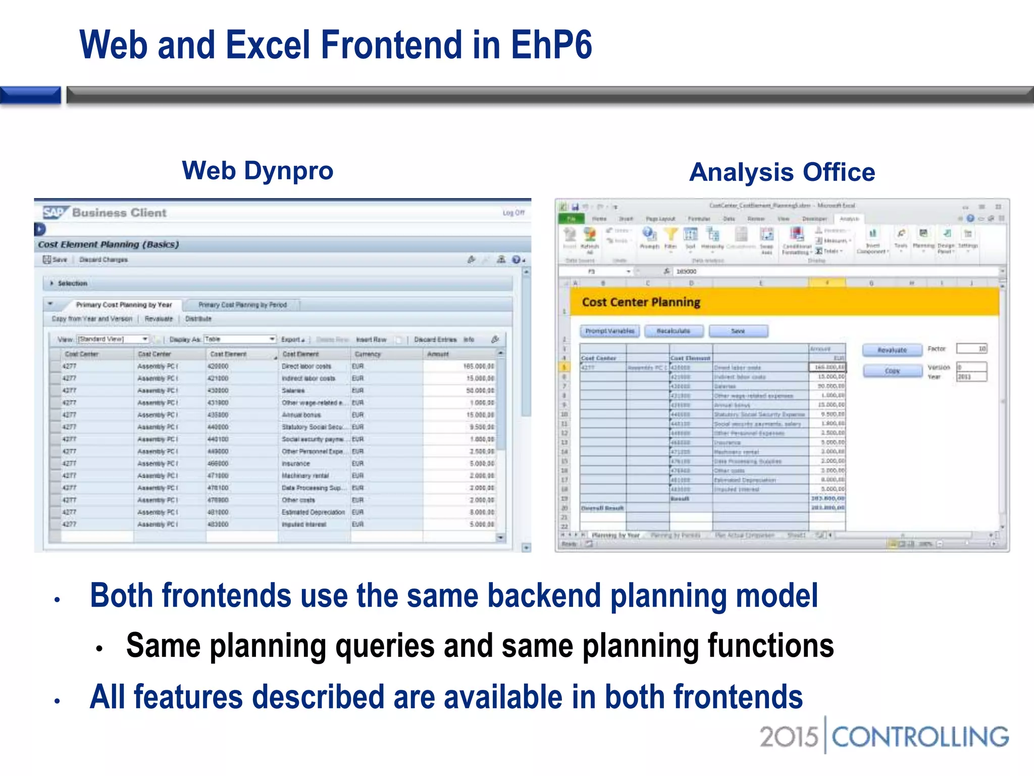Web and Excel Frontend in EhP6
• Both frontends use the same backend planning model
• Same planning queries and same planning functions
• All features described are available in both frontends
Web Dynpro Analysis Office
 
