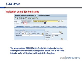 OAA Order
The system status I0053 (ACAS in English) is displayed when the
order operation is the account assignment object. This is the same
indicator as for a PS network with activity level costing.
• Indication using System Status
 
