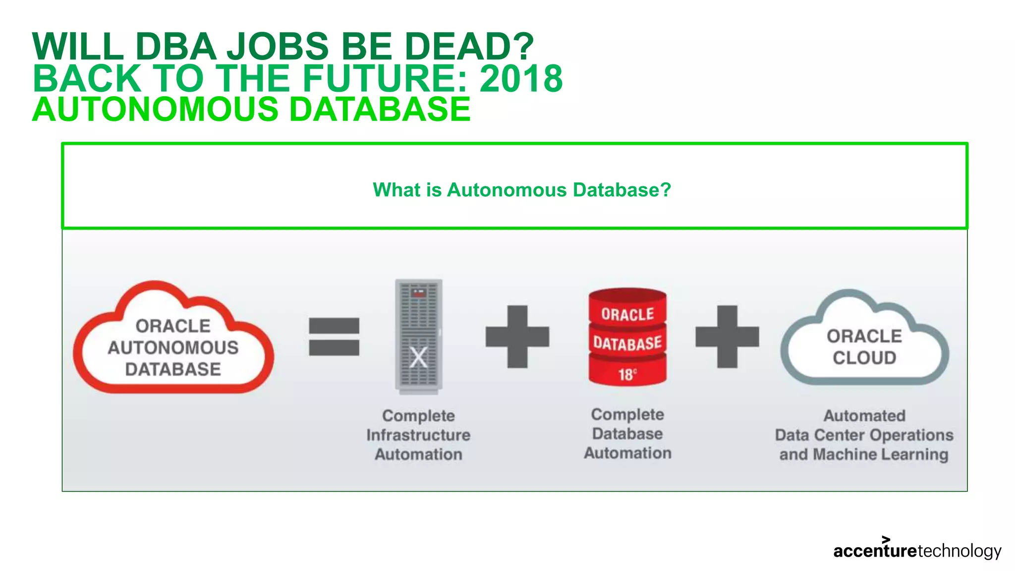 WILL DBA JOBS BE DEAD? BACK TO THE FUTURE: 2018 AUTONOMOUS DATABASE What is Autonomous Database? 
