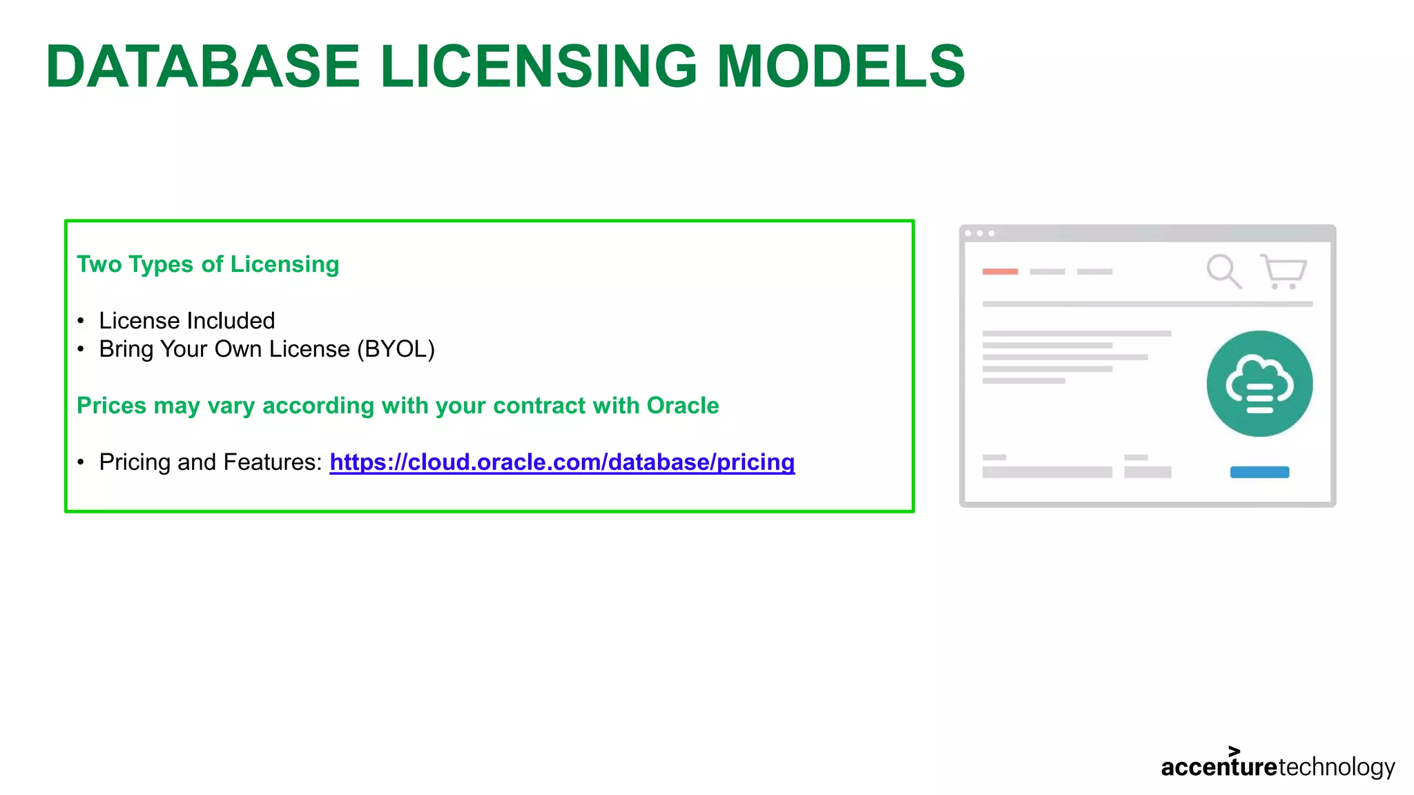 DATABASE LICENSING MODELS Two Types of Licensing • License Included • Bring Your Own License (BYOL) Prices may vary according with your contract with Oracle • Pricing and Features: https://cloud.oracle.com/database/pricing 