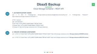 14DbaaS Backup
Cloud Storage Container – REST API
curl -i -X GET -H "X-Storage-User: Storage-redsamurai:abaranovskis@redsamuraiconsulting.com" -H "X-Storage-Pass: *Password*"
https://redsamurai.storage.oraclecloud.com/auth/v1.0
HTTP/1.1 200 OK
date: 1472150723577
X-Auth-Token: AUTH_tkf83371940961d6a9b1776819e71440d1
X-Storage-Token: AUTH_tkf83371940961d6a9b1776819e71440d1
X-Storage-Url: https://em2.storage.oraclecloud.com/v1/Storage-redsamurai
1. AUTHENTICATION TOKEN
curl -i -X PUT -H "X-Auth-Token: AUTH_tkf83371940961d6a9b1776819e71440d1" https://em2.storage.oraclecloud.com/v1/Storage-redsamurai/RSDBContainer
curl -i -X PUT -H "X-Auth-Token: AUTH_tkf83371360961d6a9b17f9819e71440d1" https://em2.storage.oraclecloud.com/v1/Storage-redsamurai/RSJCSContainer
2. CREATE STORAGE CONTAINER
 