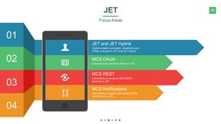 39JET
Focus Areas
02
01
03
04
MCS OAuth
Instructions to use MCS OAuth in JET.
MCS REST
Instructions to consume MCS REST
services in JET.
MCS Notifications
Instructions to register and receive MCS
notifications in JET.
JET and JET Hybrid
Implementation principles. JavaScript and
HTML is reused in JET and JET Hybrid.
 