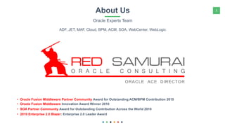 2About Us
Oracle Experts Team
• Oracle Fusion Middleware Partner Community Award for Outstanding ACM/BPM Contribution 2015...