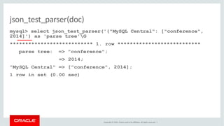 json_test_parser(doc) 
mysql> select json_test_parser('{"MySQL Central": ["conference", 
2014]') as 'parse tree'G 
*******...