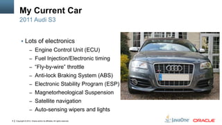 Copyright © 2012, Oracle and/or its affiliates. All rights reserved.8
My Current Car
 Lots of electronics
– Engine Control Unit (ECU)
– Fuel Injection/Electronic timing
– “Fly-by-wire” throttle
– Anti-lock Braking System (ABS)
– Electronic Stability Program (ESP)
– Magnetorheological Suspension
– Satellite navigation
– Auto-sensing wipers and lights
2011 Audi S3
 