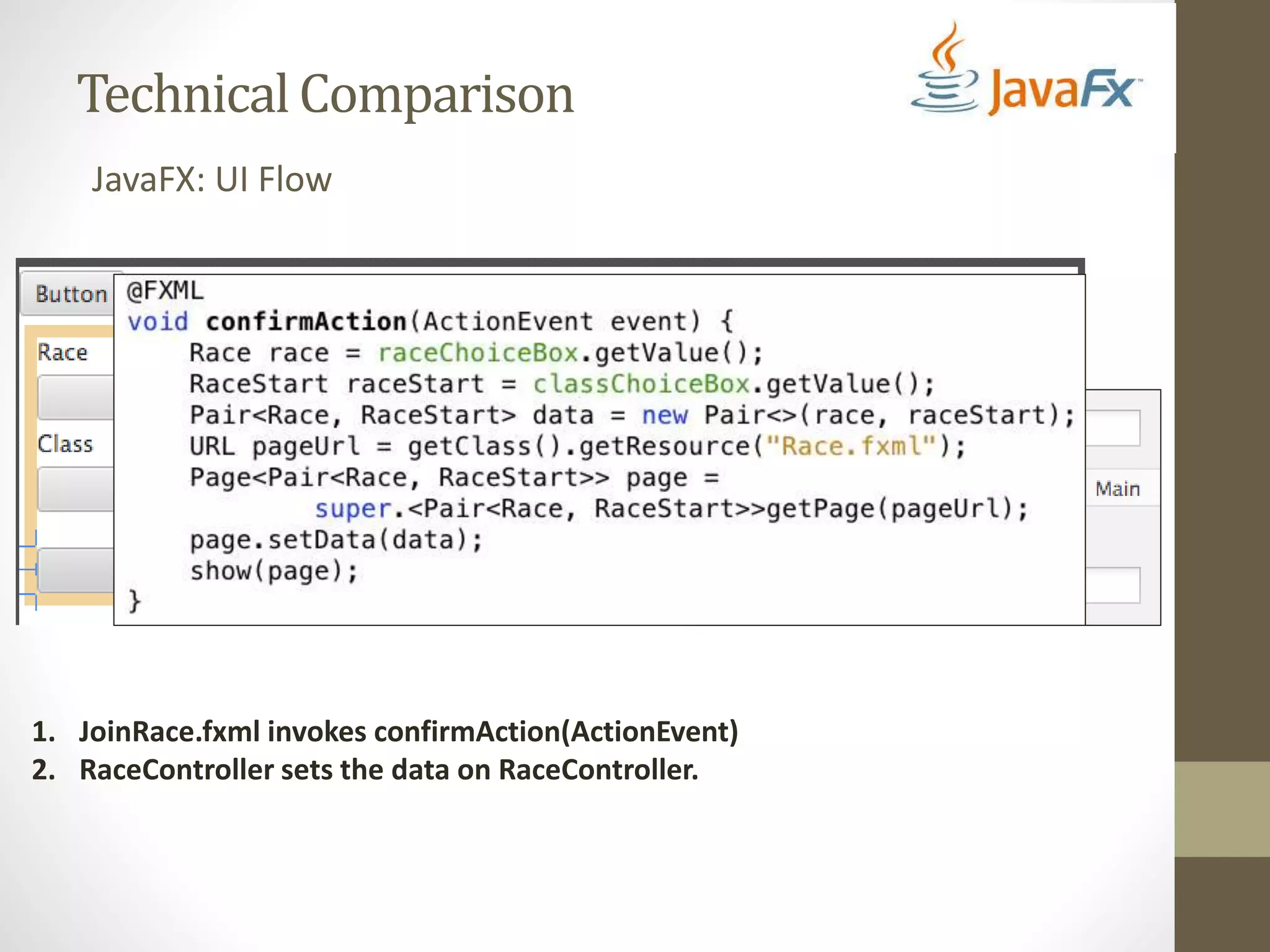 Technical Comparison JavaFX: UI Flow 1. JoinRace.fxml invokes confirmAction(ActionEvent) 2. RaceController sets the data on RaceController. 
