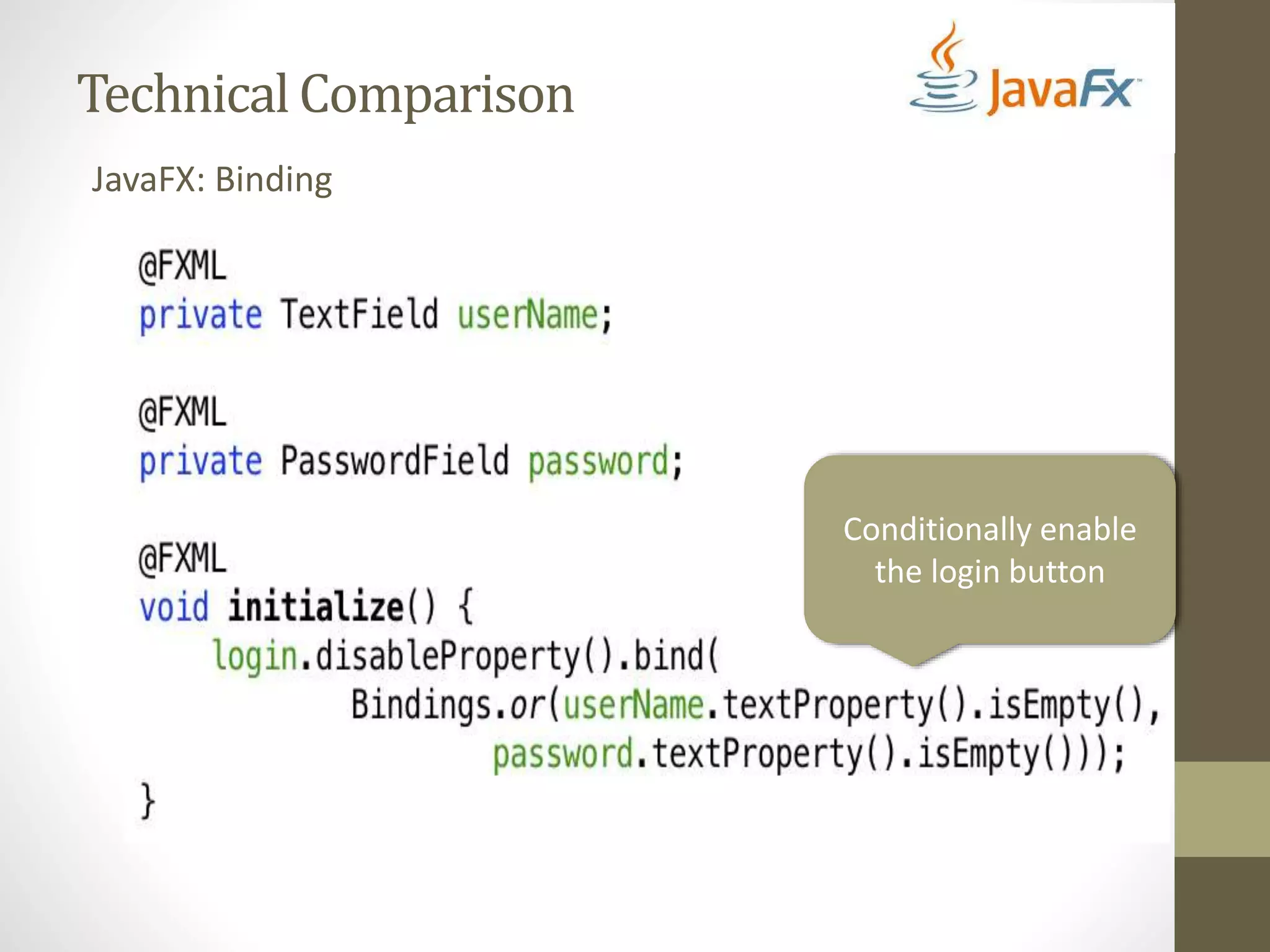 Technical Comparison JavaFX: Binding Conditionally enable the login button 