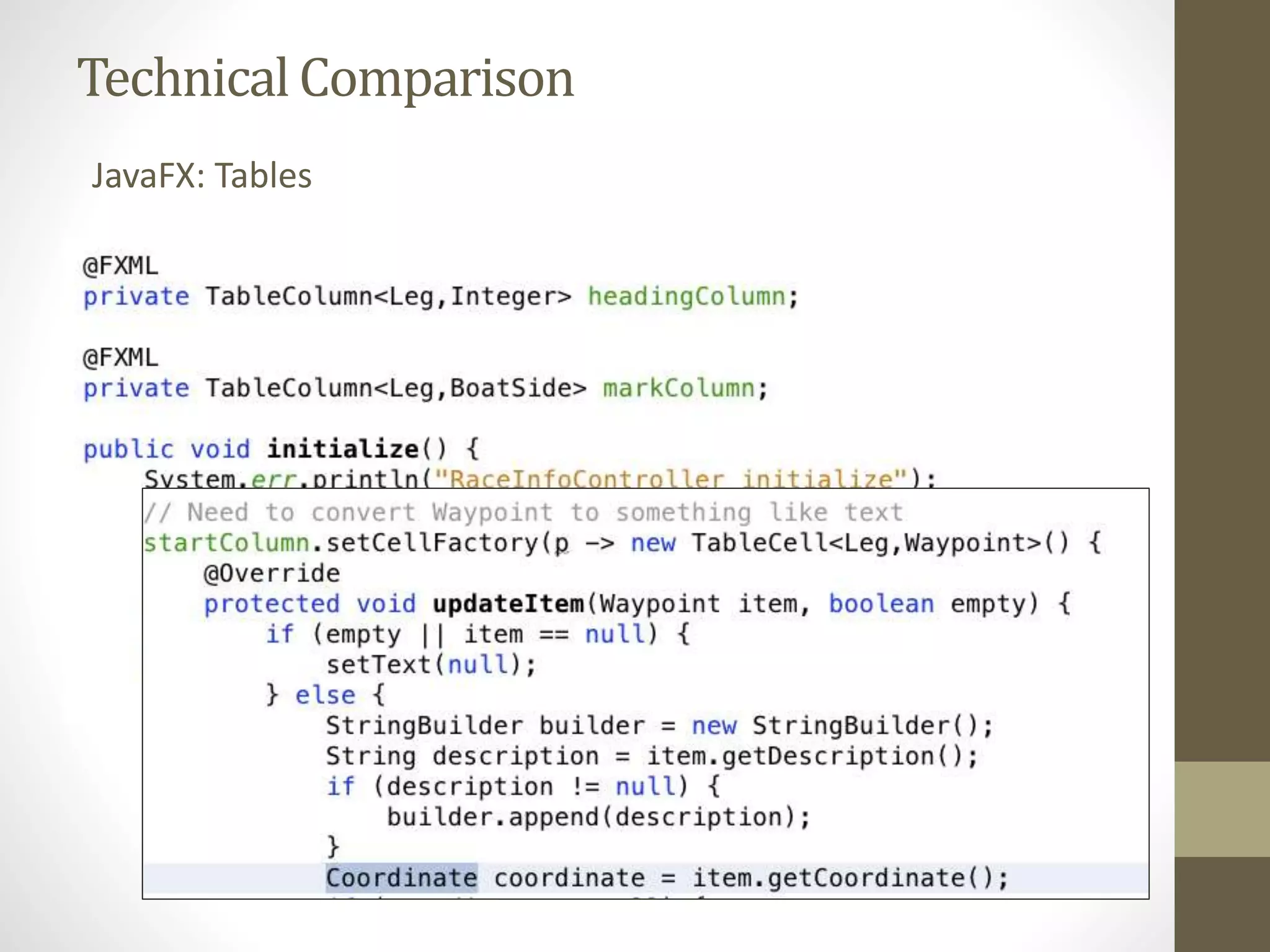 Technical Comparison JavaFX: Tables 