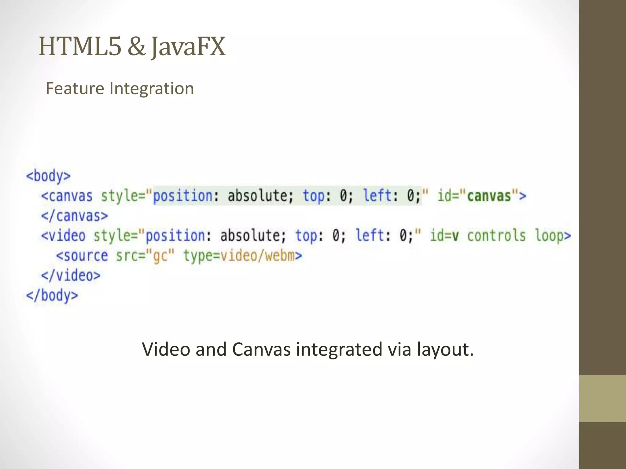 HTML5 & JavaFX Feature Integration Video and Canvas integrated via layout. 