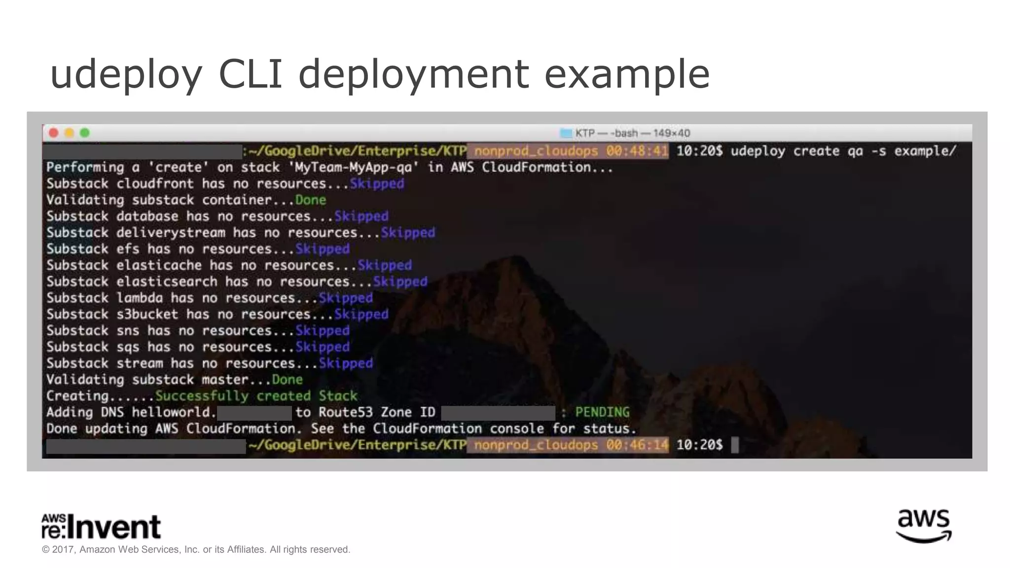 © 2017, Amazon Web Services, Inc. or its Affiliates. All rights reserved.
udeploy CLI deployment example
 