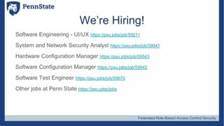 Federated Role-Based Access Control Security
We’re Hiring!
Software Engineering - UI/UX https://psu.jobs/job/59211
System ...
