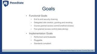 Federated Role-Based Access Control Security
Goals
• Functional Goals
• End to end security chaining
• Delegated role crea...