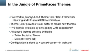 Copyright © 2012, Oracle and/or its affiliates. All rights reserved.22
In the Jungle of PrimeFaces Themes
 Powered w/ jQueryUI and ThemeRoller CSS Framework
Skinning and Structural CSS architecture
 ThemeRoller provides visual editor to create new themes
 ~40 themes available by only adding JAR dependency
 Advanced themes are also available
– Twitter Bootstrap Theme
– Metro UI Theme ($$)
 Configuration is done by <context-param> in web.xml
 