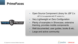 Copyright © 2012, Oracle and/or its affiliates. All rights reserved.6
 Open Source Component Library for JSF 2.x
JSF 2.2 is supported with PF version 4.x
 Very Lightweight w/ Zero Configuration
 Plenty of examples in Showcase, extensive
theming, provides mobile components
 Well documented, user guides, books & etc.
 Large and active community
PrimeFaces
 