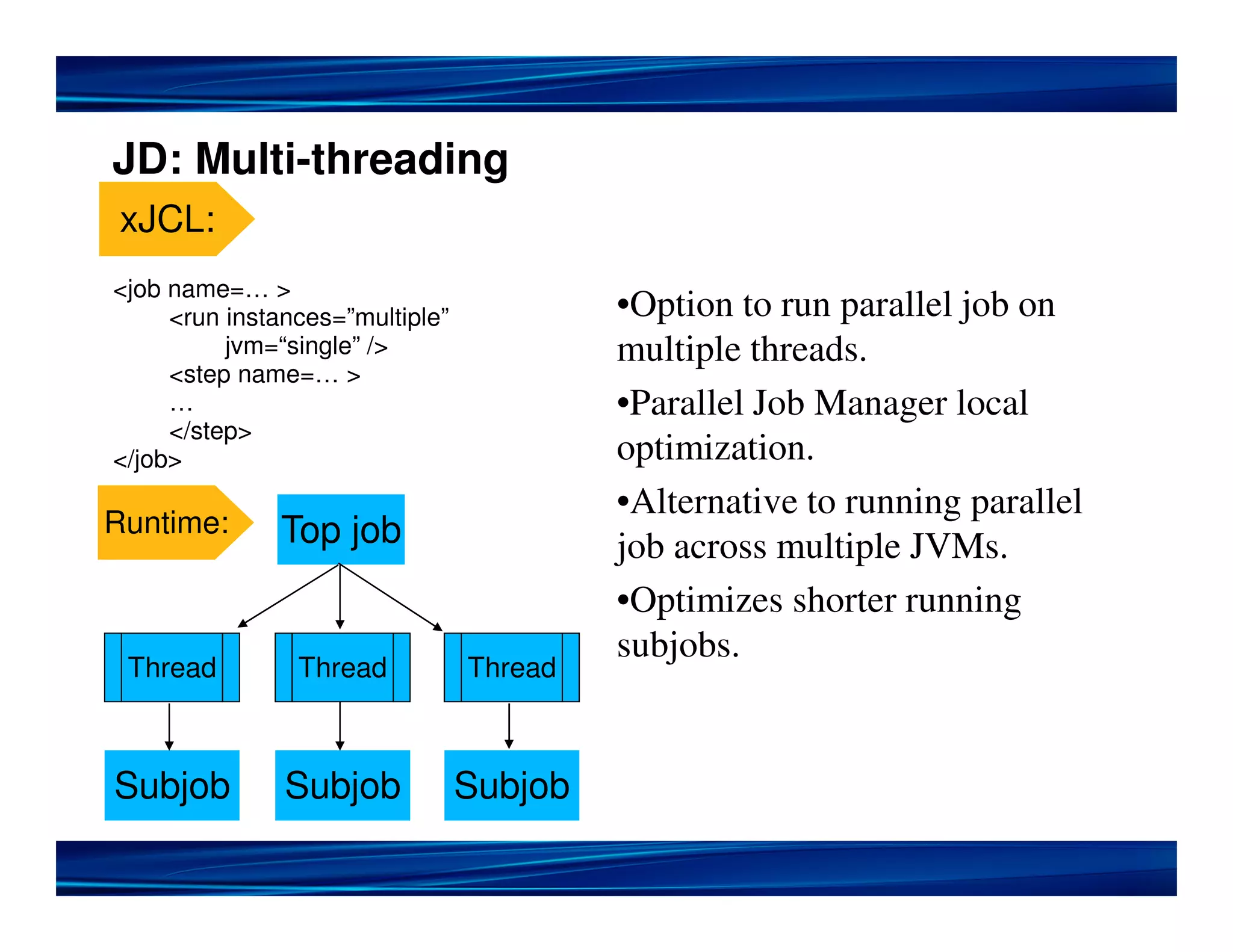 JD: Multi-threading
xJCL:
<job name=… >
<run instances=”multiple” •Option to run parallel job on
jvm=“single” /> multiple threads.
<step name=… >
… •Parallel Job Manager local
</step>
</job> optimization.
•Alternative to running parallel
Runtime: Top job job across multiple JVMs.
•Optimizes shorter running
subjobs.
Thread Thread Thread
Subjob Subjob Subjob