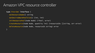 Amazon VPC resource controller
type Provider interface {
GetResourceName() string
GetDesiredWarmPoolSize() (int, int)
InitResourcePool(node Node) (*Pool, error)
CreateResource(node Node, quantity int) (resourceIDs []string, err error)
DeleteResource(node Node, resourceID string) error
}
 