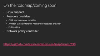 On the roadmap/coming soon
• Linux support
• Resource providers
• CIDR block resource provider
• Amazon Elastic Inference Accelerator resource provider
• ENI trunking
• Network policy controller
https://github.com/aws/containers-roadmap/issues/398
 