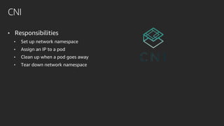 CNI
• Responsibilities
• Set up network namespace
• Assign an IP to a pod
• Clean up when a pod goes away
• Tear down network namespace
 