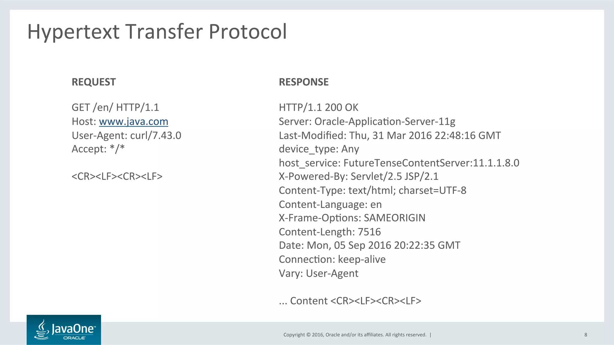 Copyright	©	2016,	Oracle	and/or	its	aﬃliates.	All	rights	reserved.		|	
Hypertext	Transfer	Protocol	
	
8	
REQUEST	
	
GET	/en/	HTTP/1.1	
Host:	www.java.com	
User-Agent:	curl/7.43.0	
Accept:	*/*	
	
<CR><LF><CR><LF>		
RESPONSE	
	
HTTP/1.1	200	OK	
Server:	Oracle-ApplicaLon-Server-11g	
Last-Modiﬁed:	Thu,	31	Mar	2016	22:48:16	GMT	
device_type:	Any	
host_service:	FutureTenseContentServer:11.1.1.8.0	
X-Powered-By:	Servlet/2.5	JSP/2.1	
Content-Type:	text/html;	charset=UTF-8	
Content-Language:	en	
X-Frame-OpLons:	SAMEORIGIN	
Content-Length:	7516	
Date:	Mon,	05	Sep	2016	20:22:35	GMT	
ConnecLon:	keep-alive	
Vary:	User-Agent	
	
...	Content	<CR><LF><CR><LF>	
 