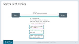 Copyright	©	2016,	Oracle	and/or	its	aﬃliates.	All	rights	reserved.		|	
HTTP/1.1	200	OK	
Content-Type:	text/event-stream	
Date:	Tue,	06	Sep	2016	15:39:30	GMT	
Transfer-Encoding:	chunked	
		
event:	custom-message	
data:	JAX-RS	2.1	
	
event:	custom-message	
data:	test	
	
event:	custom-message	
data:	JavaOne2016	
	
Server	Sent	Events	
	
17	
Client	 Server	
GET	/sse	
Accept:	text/event-stream	
 