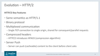 Copyright	©	2016,	Oracle	and/or	its	aﬃliates.	All	rights	reserved.		|	
EvoluLon	–	HTTP/2	
	
•  Same	semanLcs	as	HTTP/1.1	
•  Binary	protocol	
•  MulLplexed	communicaLon	
– Single	TCP	connecLon	to	single	origin,	shared	for	consequent/parallel	requests	
•  Compressed	headers	
– HTTP/2	introduces	HPACK	(compression	algorithm)	
•  Server	Push	
– Server	can	push	(cacheable)	content	to	the	client	before	client	asks	
HTTP/2	Key	Features	
28	
 