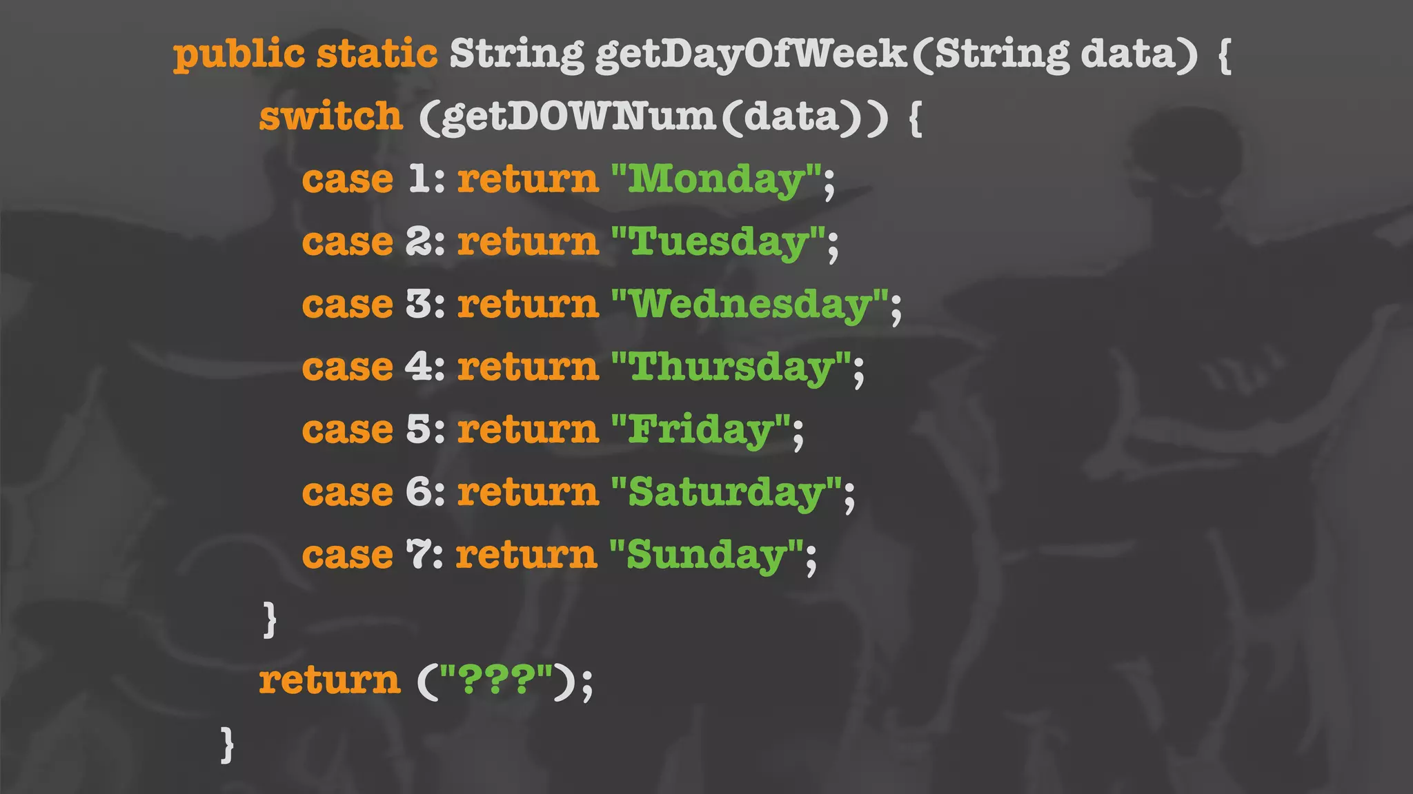 public static String getDayOfWeek(String data) { 
switch (getDOWNum(data)) { 
case 1: return "Monday"; 
case 2: return "Tuesday"; 
case 3: return "Wednesday"; 
case 4: return "Thursday"; 
case 5: return "Friday"; 
case 6: return "Saturday"; 
case 7: return "Sunday"; 
} 
return ("???"); 
} 
 
