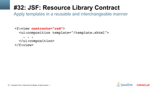 Copyright © 2013, Oracle and/or its affiliates. All rights reserved.67
#32: JSF: Resource Library Contract
<f:view contracts=”red”> 
<ui:composition template="/template.xhtml"> 
. . . 
</ui:composition> 
</f:view> 
!
Apply templates in a reusable and interchangeable manner
 