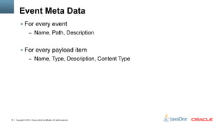Copyright © 2013, Oracle and/or its affiliates. All rights reserved.19
Event Meta Data
§  For every event
–  Name, Path, ...