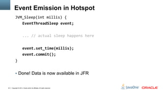 Copyright © 2013, Oracle and/or its affiliates. All rights reserved.22
Event Emission in Hotspot
JVM_Sleep(int	
  millis)	...