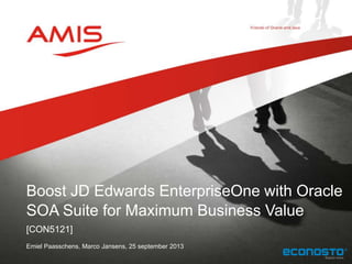 [CON5121]
Emiel Paasschens, Marco Jansens, 25 september 2013
Boost JD Edwards EnterpriseOne with Oracle
SOA Suite for Maximum Business Value
 
